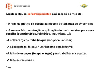 Existem alguns  constrangimentos  à aplicação do modelo: - A falta de prática na escola na recolha sistemática de evidências; A necessária construção e aplicação de instrumentos para essa recolha (questionários, relatórios, inquéritos, …); A sobrecarga de trabalho que isso pode implicar; A necessidade de haver um trabalho colaborativo;  A falta de espaços (tempo e lugar) para trabalhar em equipa; A falta de recursos ; … 