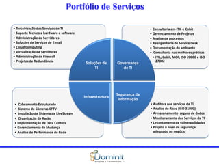 Portfólio de Serviços

• Terceirização dos Serviços de TI                                        • Consultoria em ITIL e Cobit
• Suporte Técnico a hardware e software                                   • Gerenciamento de Projetos
• Administração de Servidores                                             • Analise de processos
• Soluções de Serviços de E-mail                                          • Reengenharia de Service Desk
• Cloud Computing                                                         • Documentação de ambiente
• Virtualização de Servidores                                             • Consultoria nas melhores práticas
• Administração de Firewall                                                 • ITIL, Cobit, MOF, ISO 20000 e ISO
• Projetos de Redundância                                                     27002
                                           Soluções de     Governança
                                                TI            de TI




                                                           Segurança da
                                          Infraestrutura
                                                            Informação
• Cabeamento Estruturado                                                  • Auditora nos serviços de TI
• Sistema de Câmeras CFTV                                                 • Analise de Risco (ISO 31000)
• Instalação de Sistema de LiveStream                                     • Armazenamento seguro de dados
• Organização de Racks                                                    • Monitoramento dos Serviços de TI
• Implementação de Data Centers                                           • Levantamento de vulnerabilidades
• Gerenciamento de Mudança                                                • Projeto o nível de segurança
• Analise de Performance de Rede                                            adequado ao negócio
 
