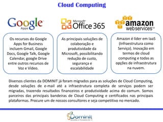 Cloud Computing
Os recursos do Google
Apps for Business
incluem Gmail, Google
Docs, Google Talk, Google
Calendar, google Drive
entre outros recursos de
Voz e Vídeo.
As principais soluções de
colaboração e
produtividade da
Microsoft, possibilitando
redução de custo,
segurança e
escalabilidade
Amazon é líder em IaaS
(Infraestrutura como
Serviço). Inovação em
termos de cloud
computing e todas as
opções de infraestrutura
na nuvem.
Diversos clientes da DOMINIT já foram migrados para as soluções de Cloud Computing,
desde soluções de e-mail até a infraestrutura completa de serviços podem ser
migradas, trazendo resultados financeiros e produtividade acima do comum. Somos
parceiros das principais bandeiras de Cloud Computing e certificados nas principais
plataformas. Procure um de nossos consultores e seja competitivo no mercado.
 