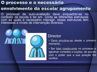 O processo e o necessário envolvimento da escola/ agrupamento O processo de auto-avaliação deve enquadrar-se no contexto da escola e ter em  conta as diferentes estruturas com as quais é necessário interagir, essas estruturas têm interesses e níveis de intervenção diversos. Director Deve envolver-se  desde o primeiro momento,  Ser  líder coadjuvante  no processo e aglutinar vontades e acções, de acordo com o poder que a sua posição lhe confere  