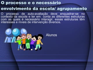 O processo e o necessário envolvimento da escola/ agrupamento O processo de auto-avaliação deve enquadrar-se no contexto da escola e ter em  conta as diferentes estruturas com as quais é necessário interagir, essas estruturas têm interesses e níveis de intervenção diversos. Alunos 