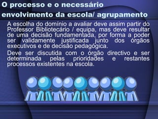 O processo e o necessário envolvimento da escola/ agrupamento A escolha do domínio a avaliar deve assim partir do Professor Bibliotecário / equipa, mas deve resultar de uma decisão fundamentada, por forma a poder ser validamente justificada junto dos órgãos executivos e de decisão pedagógica.  Deve ser discutida com o órgão directivo e ser determinada pelas prioridades e restantes processos existentes na escola. 
