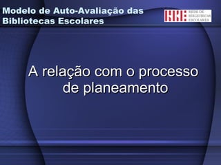 A relação com o processo de planeamento Modelo de Auto-Avaliação das Bibliotecas Escolares 