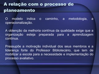 A relação com o processo de planeamento O modelo indica o caminho, a metodologia, a operacionalização.  A obtenção da melhoria contínua da qualidade exige que a organização esteja preparada para a aprendizagem contínua.  Pressupõe a motivação individual dos seus membros e a liderança forte do Professor Bibliotecário, que tem de mobilizar a escola para a necessidade e implementação do processo avaliativo.  