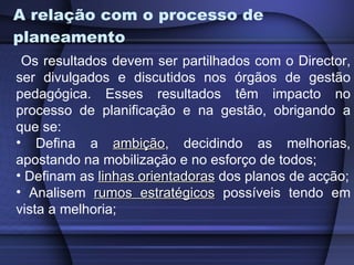 A relação com o processo de planeamento Os resultados devem ser partilhados com o Director, ser divulgados e discutidos nos órgãos de gestão pedagógica. Esses resultados têm impacto no processo de planificação e na gestão, obrigando a que se: Defina a  ambição , decidindo as melhorias, apostando na mobilização e no esforço de todos; Definam as  linhas orientadoras  dos planos de acção; Analisem  rumos estratégicos  possíveis tendo em vista a melhoria;  