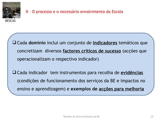 II – O processo e o necessário envolvimento da Escola  BESCAS Modelo de Auto-Avaliação da BE Cada  domínio  inclui um conjunto de  indicadores  temáticos que concretizam  diversos  factores críticos de sucesso   (acções que operacionalizam o respectivo indicador) Cada indicador  tem instrumentos para recolha de  evidências   (condições de funcionamento dos serviços da BE e impactos no ensino e aprendizagem) e  exemplos de  acções para melhoria 