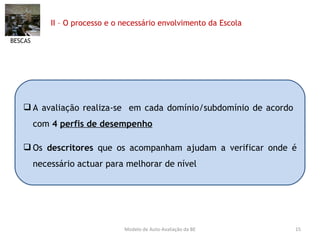II – O processo e o necessário envolvimento da Escola  BESCAS Modelo de Auto-Avaliação da BE A avaliação realiza-se  em cada domínio/subdomínio de acordo  com  4  perfis de desempenho Os  descritores  que os acompanham ajudam a verificar onde é necessário actuar para melhorar de nível 