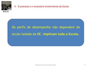 II – O processo e o necessário envolvimento da Escola  Os perfis de desempenho não dependem da acção isolada da BE,  implicam toda a Escola. BESCAS Modelo de Auto-Avaliação da BE 