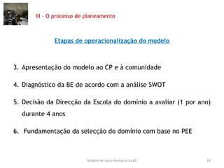 III – O processo de planeamento Etapas de operacionalização do modelo Apresentação do modelo ao CP e à comunidade Diagnóstico da BE de acordo com a análise SWOT Decisão da Direcção da Escola do domínio a avaliar (1 por ano) durante 4 anos Fundamentação da selecção do domínio com base no PEE Modelo de Auto-Avaliação da BE 
