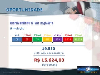 01 05 25 125 625 15.6253.125
Você 1º Nível 2º Nível 3º Nível 4º Nível 5º Nível 6º Nível
+ + + + + +
19.530
x R$ 0,80 por escritório
por semana
Simulação:
 