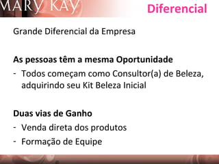 Diferencial
Grande Diferencial da Empresa
As pessoas têm a mesma Oportunidade
- Todos começam como Consultor(a) de Beleza,
adquirindo seu Kit Beleza Inicial
Duas vias de Ganho
- Venda direta dos produtos
- Formação de Equipe

 