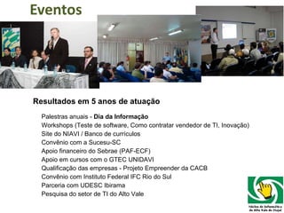 Eventos Resultados em 5 anos de atuação Palestras anuais -  Dia da Informação Workshops (Teste de software, Como contratar vendedor de TI, Inovação) Site do NIAVI / Banco de currículos Convênio com a Sucesu-SC Apoio financeiro do Sebrae (PAF-ECF) Apoio em cursos com o GTEC UNIDAVI Qualificação das empresas - Projeto Empreender da CACB Convênio com Instituto Federal IFC Rio do Sul Parceria com UDESC Ibirama Pesquisa do setor de TI do Alto Vale 