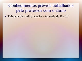 Conhecimentos prévios trabalhados
pelo professor com o aluno
●

Tabuada da multiplicação – tabuada de 0 a 10

 