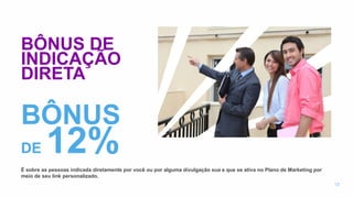 BÔNUS DE
INDICAÇÃO
DIRETA
É sobre as pessoas indicada diretamente por você ou por alguma divulgação sua e que se ativa no Plano de Marketing por
meio de seu link personalizado.
13
BÔNUS
DE 12%
 