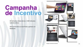 80 Indicados diretos ativos e 1400 indicados
indiretos ativos.
Será promovido ao nível Prata e ganhará um
Notebook.
23
Campanha
de Incentivo
*Imagem meramente ilustrativa
 