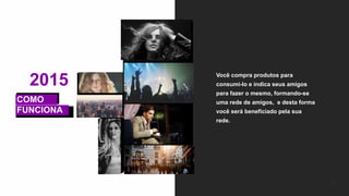2015 Você compra produtos para
consumi-lo e indica seus amigos
para fazer o mesmo, formando-se
uma rede de amigos, e desta forma
você será beneficiado pela sua
rede.
06
COMO
FUNCIONA
 