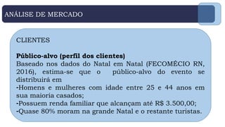 ANÁLISE DE MERCADO
CLIENTES
Público-alvo (perfil dos clientes)
Baseado nos dados do Natal em Natal (FECOMÉCIO RN,
2016), estima-se que o público-alvo do evento se
distribuirá em
-Homens e mulheres com idade entre 25 e 44 anos em
sua maioria casados;
-Possuem renda familiar que alcançam até R$ 3.500,00;
-Quase 80% moram na grande Natal e o restante turistas.
 