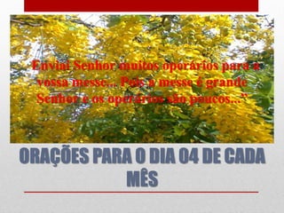 “Enviai Senhor muitos operários para a
  vossa messe... Pois a messe é grande
  Senhor e os operários são poucos...”



ORAÇÕES PARA O DIA 04 DE CADA
           MÊS
 
