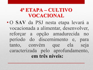 4ª ETAPA – CULTIVO
           VOCACIONAL
• O SAV da PSJ nesta etapa levará a
  vocacionada a alimentar, desenvolver,
  reforçar a opção amadurecida no
  período do discernimento e, para
  tanto, convém que ela seja
  caracterizada pelo aprofundamento,
             em três níveis:
 