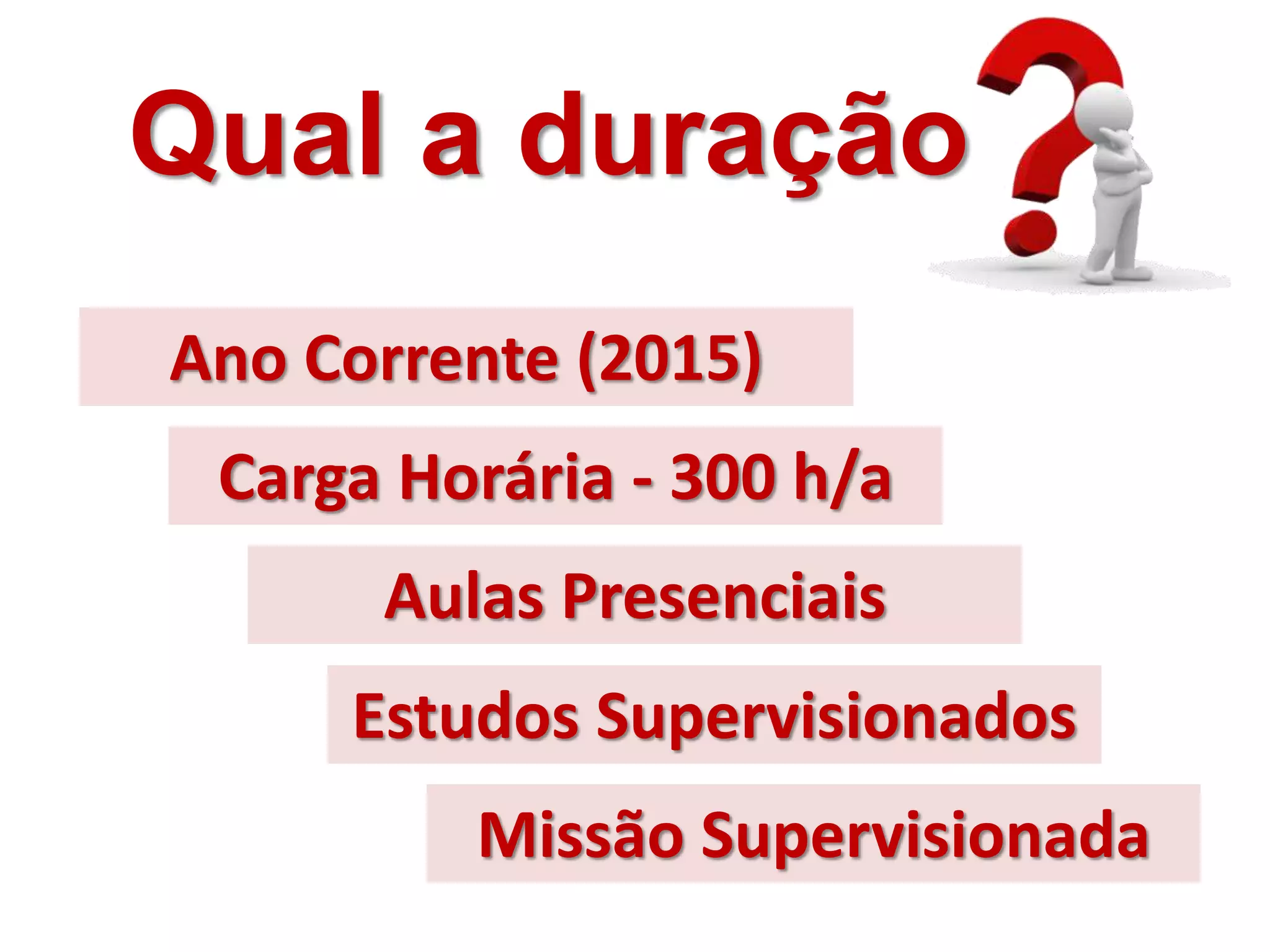 Qual a duração
Ano Corrente (2015)
Carga Horária - 300 h/a
Estudos Supervisionados
Missão Supervisionada
Aulas Presenciais
 
