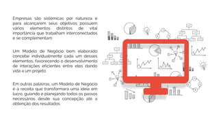 Empresas são sistêmicas por natureza e
para alcançarem seus objetivos possuem
vários elementos distintos de vital
importância que trabalham interconectados
e se complementam.
Em outras palavras, um Modelo de Negócio
é a receita que transformará uma ideia em
lucro, guiando e planejando todos os passos
necessários desde sua concepção até a
obtenção dos resultados.
Um Modelo de Negócio bem elaborado
concebe individualmente cada um desses
elementos, favorecendo o desenvolvimento
de interações eficientes entre eles dando
vida a um projeto.
 