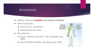 Anatomia
 Artérias, veias e o coração: circulação completa
 Meia circulação:
 Inicio no tec. conjuntivo
 Desemboca nas veias
 Dois sistemas:
 Ducto torácico: qd. Infe. + qd. esquerdo sup.
(90%)
 Ducto Linfático Direito: qd. direito sup. (10%)
 