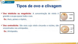 Tipos de ovo e clivagem
 Ovo telolécito ou megalécito: A concentração de vitelo é
grande e ocupa quase todo o ovo.
Ex.: Aves, peixes e répteis.
 Ovo centrolécito: São ovos cujo vitelo circunda o núcleo, são
encontrados nos artrópodes.
Ex.: Artrópodes.
8
 