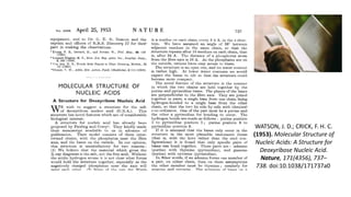 WATSON, J. D.; CRICK, F. H. C.
(1953). Molecular Structure of
Nucleic Acids: A Structure for
Deoxyribose Nucleic Acid.
Nature, 171(4356), 737–
738. doi:10.1038/171737a0
 