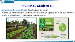 SISTEMAS AGRÍCOLAS
Agricultura de subsistência. (agricultura de roça)
Atende as necessidades alimentares básicas do agricultor e de sua família
sendo praticada em regiões pobres do planeta.
10
 