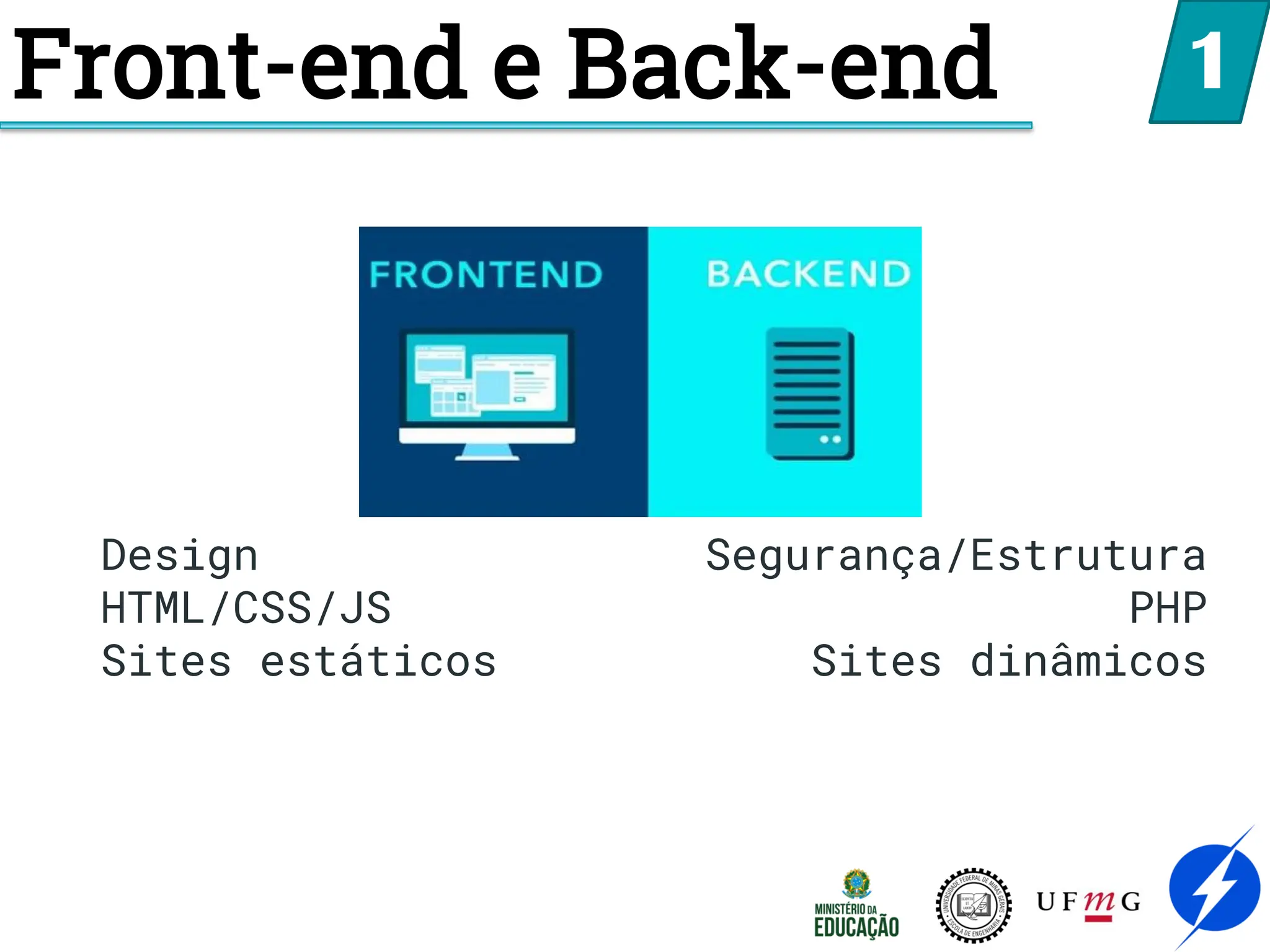 Front-end e Back-end 1
Design
HTML/CSS/JS
Sites estáticos
Segurança/Estrutura
PHP
Sites dinâmicos
 
