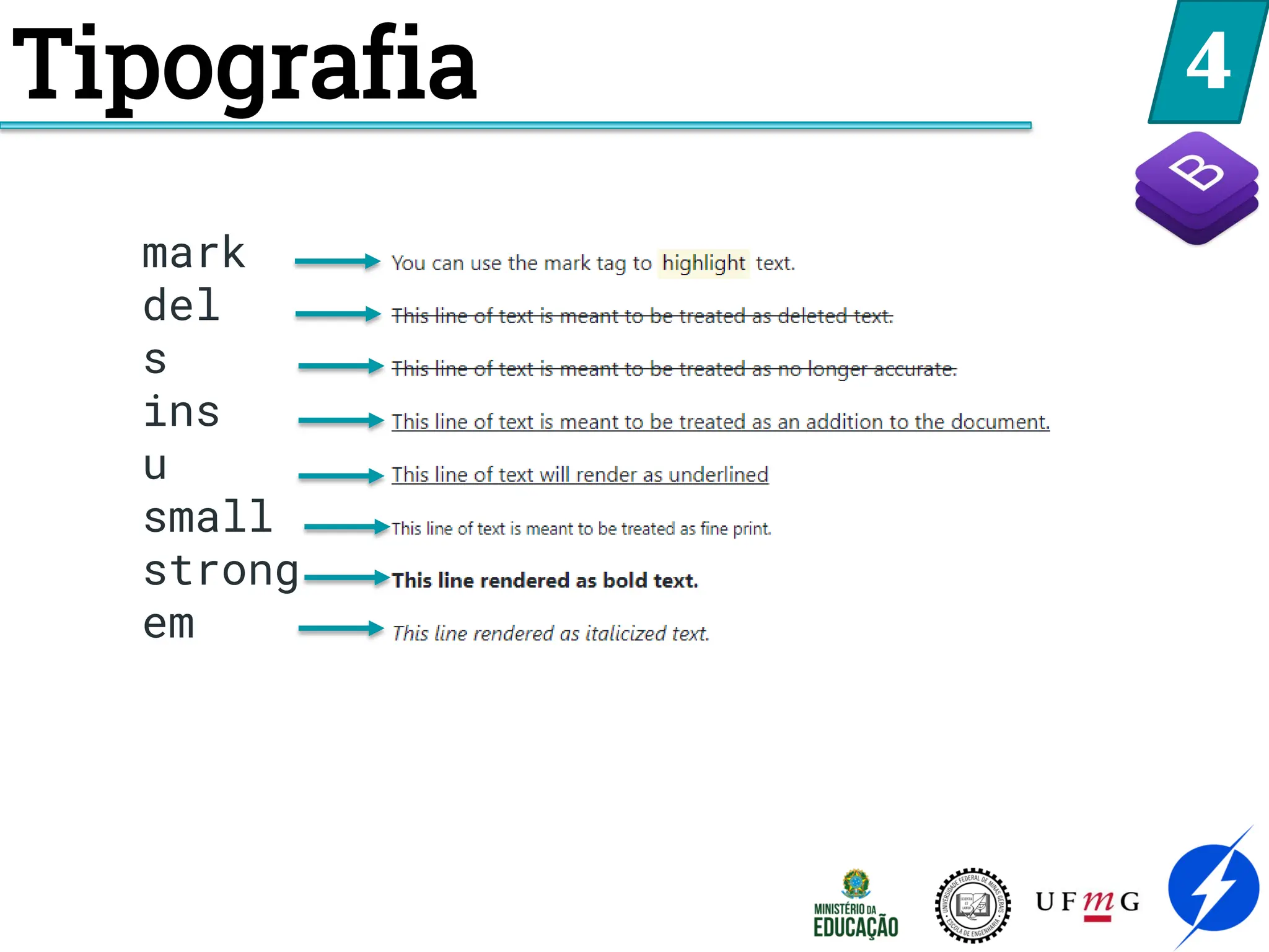 4
Tipografia
mark
del
s
ins
u
small
strong
em
 