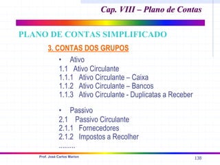 138
Prof. José Carlos Marion
3. CONTAS DOS GRUPOS
• Ativo
1.1 Ativo Circulante
1.1.1 Ativo Circulante – Caixa
1.1.2 Ativo Circulante – Bancos
1.1.3 Ativo Circulante - Duplicatas a Receber
• Passivo
2.1 Passivo Circulante
2.1.1 Fornecedores
2.1.2 Impostos a Recolher
.........
PLANO DE CONTAS SIMPLIFICADO
Cap. VIII – Plano de Contas
Cap. VIII – Plano de Contas
 