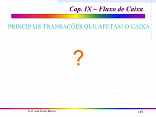 149
Prof. José Carlos Marion
?
?
PRINCIPAIS TRANSAÇÕES QUE AFETAM O CAIXA
Cap. IX – Fluxo de Caixa
Cap. IX – Fluxo de Caixa
 
