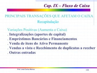 150
Prof. José Carlos Marion
Variações Positivas (Aumenta o Caixa)
. Integralizações (aportes de capital)
. Empréstimos Bancários e Financiamentos
. Venda de itens do Ativo Permanente
. Vendas a vista e Recebimento de duplicatas a receber
. Outras entradas
Cap. IX – Fluxo de Caixa
Cap. IX – Fluxo de Caixa
PRINCIPAIS TRANSAÇÕES QUE AFETAM O CAIXA
Recapitulação
 
