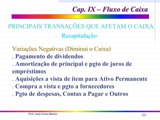 151
Prof. José Carlos Marion
Variações Negativas (Diminui o Caixa)
. Pagamento de dividendos
. Amortização de principal e pgto de juros de
empréstimos
. Aquisições a vista de item para Ativo Permanente
. Compra a vista e pgto a fornecedores
. Pgto de despesas, Contas a Pagar e Outros
Cap. IX – Fluxo de Caixa
Cap. IX – Fluxo de Caixa
PRINCIPAIS TRANSAÇÕES QUE AFETAM O CAIXA
Recapitulação
 