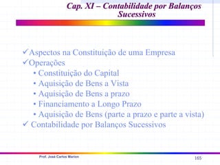 165
Prof. José Carlos Marion
Cap. XI – Contabilidade por Balanços
Cap. XI – Contabilidade por Balanços
Sucessivos
Sucessivos
9Aspectos na Constituição de uma Empresa
9Operações
• Constituição do Capital
• Aquisição de Bens a Vista
• Aquisição de Bens a prazo
• Financiamento a Longo Prazo
• Aquisição de Bens (parte a prazo e parte a vista)
9 Contabilidade por Balanços Sucessivos
 