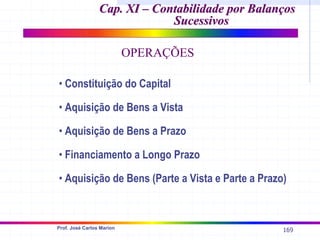 169
Prof. José Carlos Marion
Cap. XI – Contabilidade por Balanços
Cap. XI – Contabilidade por Balanços
Sucessivos
Sucessivos
OPERAÇÕES
• Constituição do Capital
• Aquisição de Bens a Vista
• Aquisição de Bens a Prazo
• Financiamento a Longo Prazo
• Aquisição de Bens (Parte a Vista e Parte a Prazo)
 