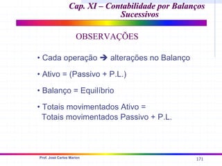 171
Prof. José Carlos Marion
Cap. XI – Contabilidade por Balanços
Cap. XI – Contabilidade por Balanços
Sucessivos
Sucessivos
OBSERVAÇÕES
• Cada operação Î alterações no Balanço
• Ativo = (Passivo + P.L.)
• Balanço = Equilíbrio
• Totais movimentados Ativo =
Totais movimentados Passivo + P.L.
 