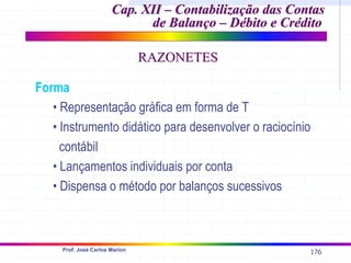 176
Prof. José Carlos Marion
Cap. XII –
Cap. XII – Contabilização das Contas
Contabilização das Contas
de Balanço – Débito e Crédito
de Balanço – Débito e Crédito
RAZONETES
RAZONETES
Forma
• Representação gráfica em forma de T
• Instrumento didático para desenvolver o raciocínio
contábil
• Lançamentos individuais por conta
• Dispensa o método por balanços sucessivos
 