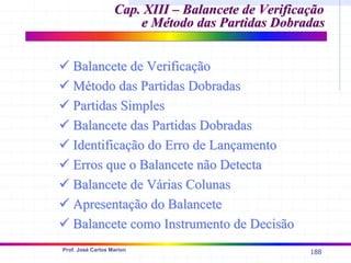 188
Prof. José Carlos Marion
Cap. XIII – Balancete de Verificação
Cap. XIII – Balancete de Verificação
e Método das Partidas Dobradas
e Método das Partidas Dobradas
9
9 Balancete de Verificação
Balancete de Verificação
9
9 Método das Partidas Dobradas
Método das Partidas Dobradas
9
9 Partidas Simples
Partidas Simples
9
9 Balancete das Partidas Dobradas
Balancete das Partidas Dobradas
9
9 Identificação do Erro de Lançamento
Identificação do Erro de Lançamento
9
9 Erros que o Balancete não Detecta
Erros que o Balancete não Detecta
9
9 Balancete de Várias Colunas
Balancete de Várias Colunas
9
9 Apresentação do Balancete
Apresentação do Balancete
9
9 Balancete como Instrumento de Decisão
Balancete como Instrumento de Decisão
 