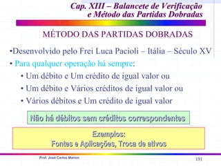 191
Prof. José Carlos Marion
Cap. XIII – Balancete de Verificação
Cap. XIII – Balancete de Verificação
e Método das Partidas Dobradas
e Método das Partidas Dobradas
MÉTODO DAS PARTIDAS DOBRADAS
•Desenvolvido pelo Frei Luca Pacioli – Itália – Século XV
• Para qualquer operação há sempre:
• Um débito e Um crédito de igual valor ou
• Um débito e Vários créditos de igual valor ou
• Vários débitos e Um crédito de igual valor
Exemplos:
Exemplos:
Fontes e Aplicações, Troca de ativos
Fontes e Aplicações, Troca de ativos
Não há débitos sem créditos correspondentes
Não há débitos sem créditos correspondentes
 