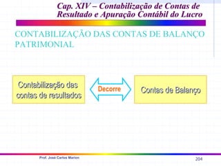 204
Prof. José Carlos Marion
CONTABILIZAÇÃO DAS CONTAS DE BALANÇO
PATRIMONIAL
Contabilização das
Contabilização das
contas de resultados
contas de resultados
Contas de Balanço
Contas de Balanço
Cap. XIV –
Cap. XIV – Contabilização de Contas de
Contabilização de Contas de
Resultado e Apuração Contábil do Lucro
Resultado e Apuração Contábil do Lucro
Decorre
 