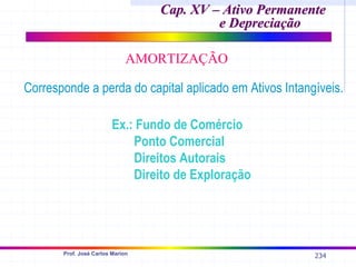 234
Prof. José Carlos Marion
Cap. XV – Ativo Permanente
Cap. XV – Ativo Permanente
e Depreciação
e Depreciação
AMORTIZAÇÃO
Corresponde a perda do capital aplicado em Ativos Intangíveis.
Ex.: Fundo de Comércio
Ponto Comercial
Direitos Autorais
Direito de Exploração
 