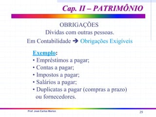 29
Prof. José Carlos Marion
OBRIGAÇÕES
Cap. II – PATRIMÔNIO
Cap. II – PATRIMÔNIO
Dívidas com outras pessoas.
Em Contabilidade Î Obrigações Exigíveis
Exemplo:
• Empréstimos a pagar;
• Contas a pagar;
• Impostos a pagar;
• Salários a pagar;
• Duplicatas a pagar (compras a prazo)
ou fornecedores.
 