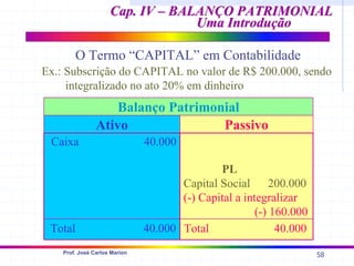 58
Prof. José Carlos Marion
Cap. IV – BALANÇO PATRIMONIAL
Cap. IV – BALANÇO PATRIMONIAL
Uma Introdução
Uma Introdução
O Termo “CAPITAL” em Contabilidade
Ex.: Subscrição do CAPITAL no valor de R$ 200.000, sendo
integralizado no ato 20% em dinheiro
Ativo Passivo
Balanço Patrimonial
Caixa 40.000
Total 40.000 Total 40.000
PL
Capital Social 200.000
(-) Capital a integralizar
(-) 160.000
 