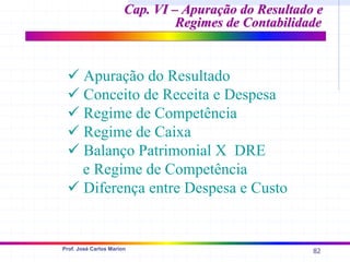 82
Prof. José Carlos Marion
Cap. VI – Apuração do Resultado e
Cap. VI – Apuração do Resultado e
Regimes de Contabilidade
Regimes de Contabilidade
9 Apuração do Resultado
9 Conceito de Receita e Despesa
9 Regime de Competência
9 Regime de Caixa
9 Balanço Patrimonial X DRE
e Regime de Competência
9 Diferença entre Despesa e Custo
 