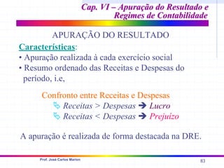 83
Prof. José Carlos Marion
Cap. VI – Apuração do Resultado e
Cap. VI – Apuração do Resultado e
Regimes de Contabilidade
Regimes de Contabilidade
APURAÇÃO DO RESULTADO
Características:
• Apuração realizada à cada exercício social
• Resumo ordenado das Receitas e Despesas do
período, i.e,
Confronto entre Receitas e Despesas
ª Receitas > Despesas Î Lucro
ª Receitas < Despesas Î Prejuízo
A apuração é realizada de forma destacada na DRE.
 
