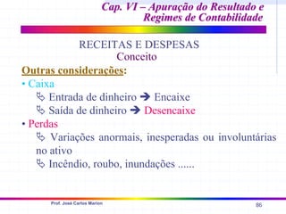 86
Prof. José Carlos Marion
Outras considerações:
• Caixa
ª Entrada de dinheiro Î Encaixe
ª Saída de dinheiro Î Desencaixe
• Perdas
ª Variações anormais, inesperadas ou involuntárias
no ativo
ª Incêndio, roubo, inundações ......
Cap. VI – Apuração do Resultado e
Cap. VI – Apuração do Resultado e
Regimes de Contabilidade
Regimes de Contabilidade
RECEITAS E DESPESAS
Conceito
 