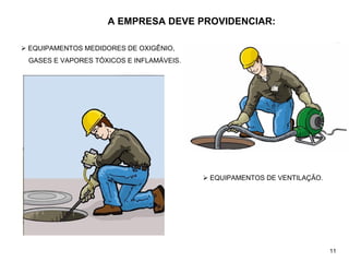 A EMPRESA DEVE PROVIDENCIAR:
¾ EQUIPAMENTOS DE VENTILAÇÃO.
¾ EQUIPAMENTOS MEDIDORES DE OXIGÊNIO,
GASES E VAPORES TÓXICOS E INFLAMÁVEIS.
11
 