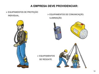 A EMPRESA DEVE PROVIDENCIAR:
¾ EQUIPAMENTOS DE COMUNICAÇÃO,
ILUMINAÇÃO.
¾ EQUIPAMENTOS DE PROTEÇÃO
INDIVIDUAL.
¾ EQUIPAMENTOS
DE RESGATE.
12
 